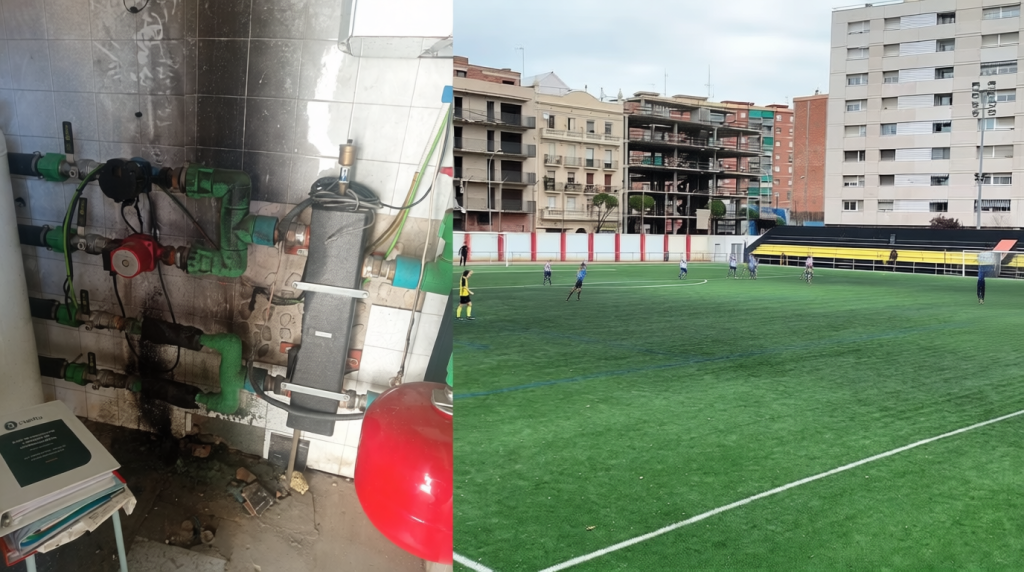 Les instal·lacions d'aigua calenta avariades del camp de fútbol de Badalona Sud foto: Independent de Badalona