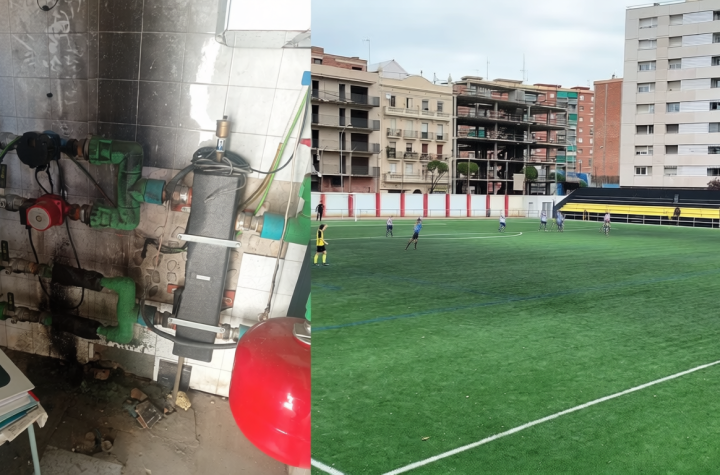 Les instal·lacions d'aigua calenta avariades del camp de fútbol de Badalona Sud foto: Independent de Badalona