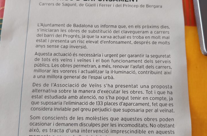 Text repartit per l'Ajuntament als veïns del barri del Progrés on parla de risc d'enfonsaments